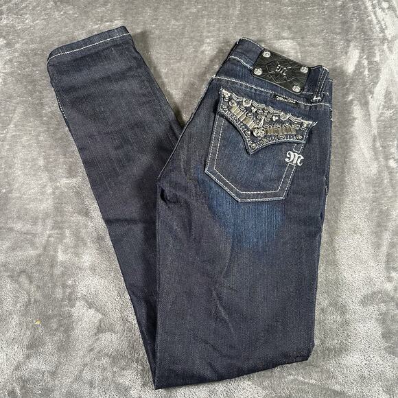 Miss Me Jeans Women’s 27 Blue Skinny JP46565 Sequence Embroidered Flap Pockets - Picture 9 of 13